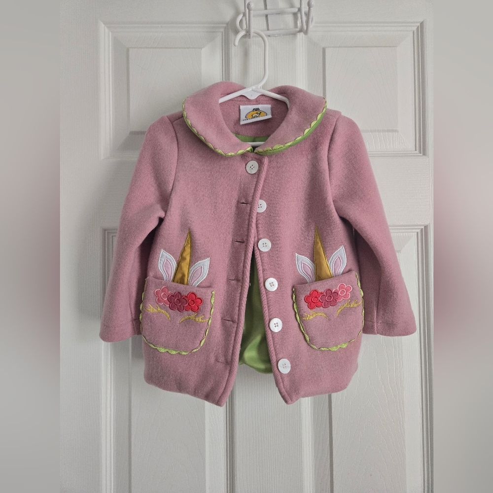 3t Pink Peacoat with Unicorn Floral Pockets